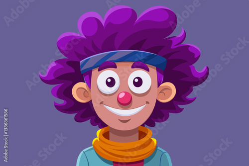 Cheerful Avatar Portrait: An illustration of a jovial character with purple hair, a bright red nose, and a charming grin, radiating an aura of friendliness and approachability.