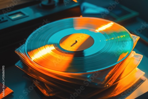 A stack of vinyl records bathed in warm, orange and teal light, showcasing the grooves and texture of the music.