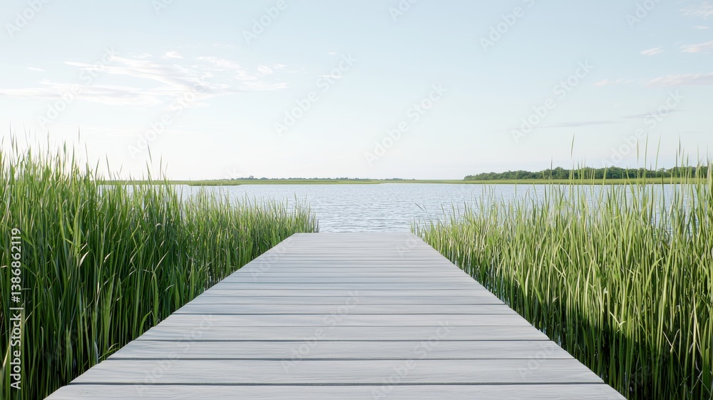 Fototapeta premium Serene lake view with wooden pier and lush grasses under clear sky, perfect for relaxation.