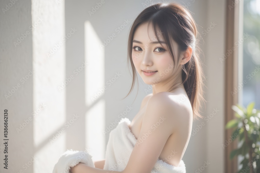 Beautiful Asian Woman Wrapped in Towel After Shower: Fresh, Clean, and Confident Beauty Concept with Natural Light Beautiful Asian Woman Wrapped in Towel After Shower: Fresh, Clean, and Confident Beauty Concept with Natural Light
