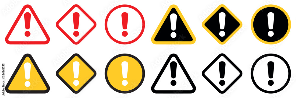 Attention caution sign warning symbol icon, Exclamation mark in triangle, circle and rombus black, yellow, and red colors. Exclamation sign Attention caution sign warning symbol icon, Exclamation mark in triangle, circle and rombus black, yellow, and red colors. Exclamation sign