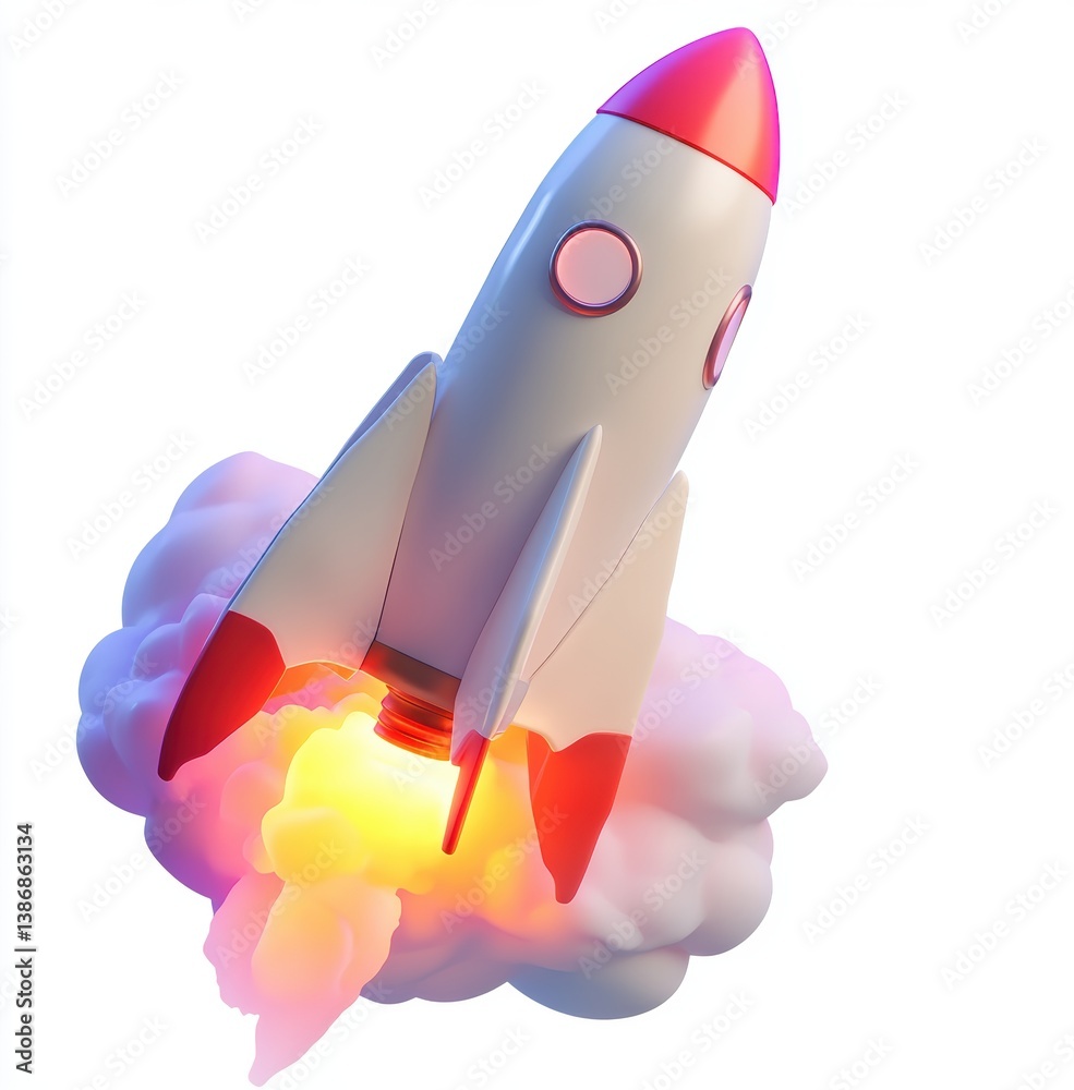 Rocket Launch: A vibrant, stylized rocket blasts off into the sky, leaving a trail of dynamic fire and smoke. The image depicts a modern take on space travel, innovation and progress