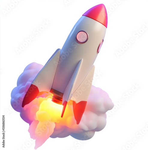 Obraz na płótnie Rocket Launch: A vibrant, stylized rocket blasts off into the sky, leaving a trail of dynamic fire and smoke. The image depicts a modern take on space travel, innovation and progress w salonie