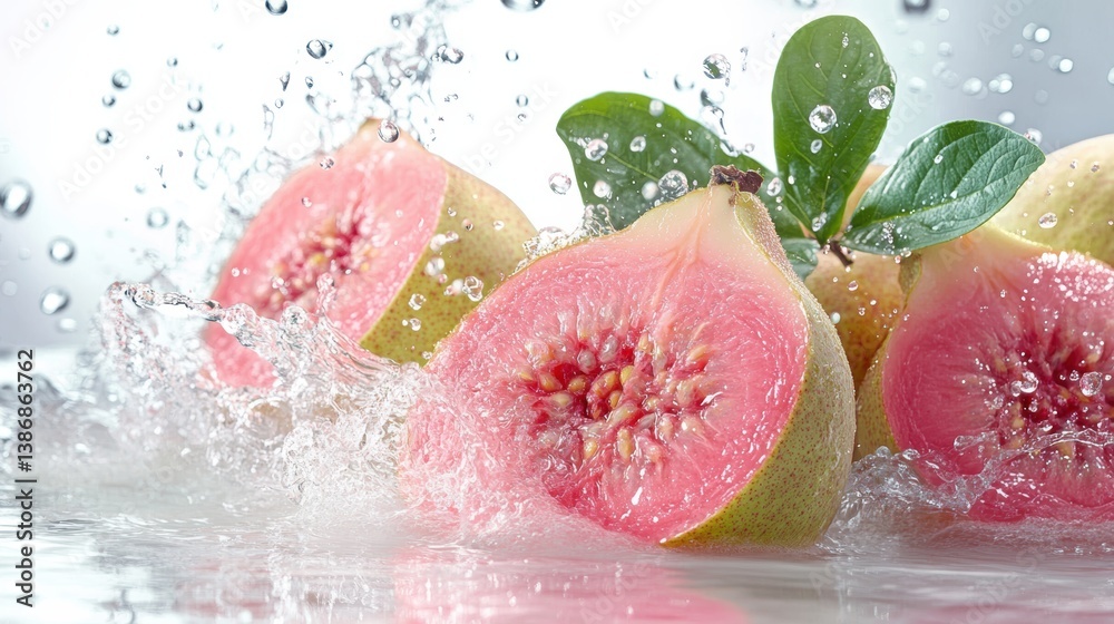 Fototapeta premium A fresh fruit splash with guava, bursting with pink and green, set against a white background