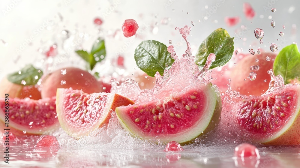 A fresh fruit splash with guava, bursting with pink and green, set against a white background A fresh fruit splash with guava, bursting with pink and green, set against a white background