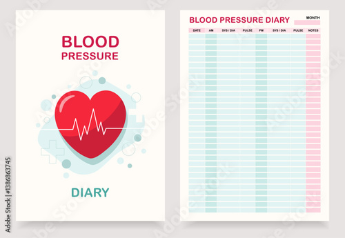 blood pressure diary blank template, pulse tracker, journal, notebook, planner, organiser, vector