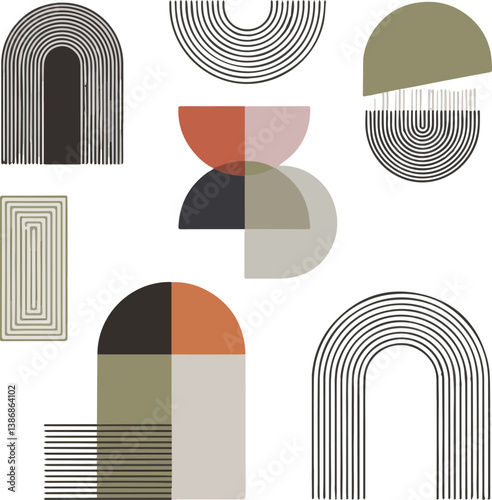 Create a Abstract minimal element mid century vector set. Aesthetic contemporary stripe line art, geometric shape in monochrome. Art form design for wall art, decoration, wallpaper vector atr color wi