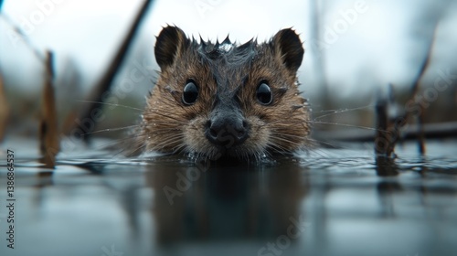 Wet muskrat in shallow water photo