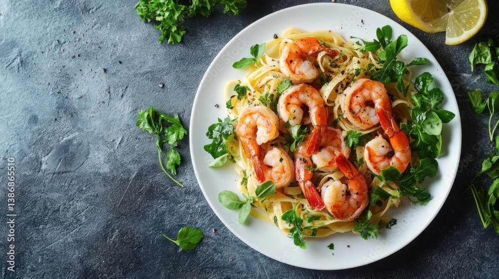 A delicate plate of shrimp scampi with garlic, butter, and pasta on a white plate. Featuring indulgence and flavor A delicate plate of shrimp scampi with garlic, butter, and pasta on a white plate. Featuring indulgence and flavor