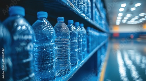 Rows of plastic water bottles on shelves in a warehouse