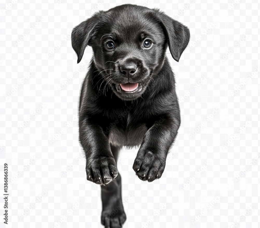 Obraz premium Playful puppy: A lively and energetic black puppy leaps forward, his eyes sparkling with glee and anticipation, his soft fur gleaming.