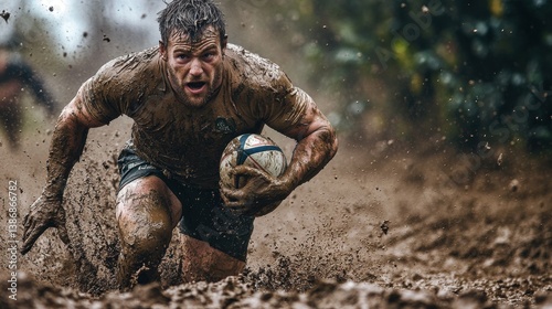 Mud Rugby Player Action Shot  Intense Game