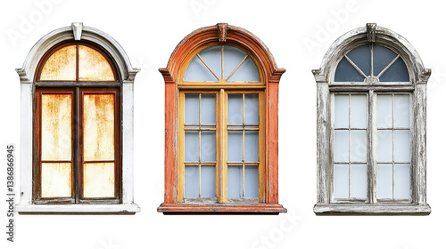 Various collection of old rusty wooden colorful window frame isolated on transparent background