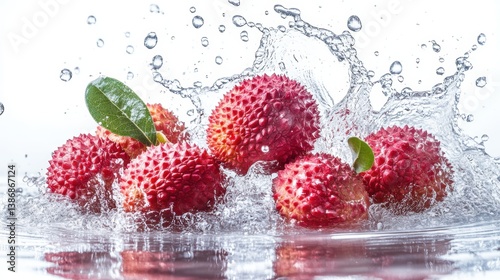 A tropical fruit splash with lychees, splashing with red and translucent hues, set against a white background