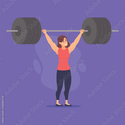 Woman with muscular arms lifting heavy barbell above her head while standing confidently. Strength and determination concept
