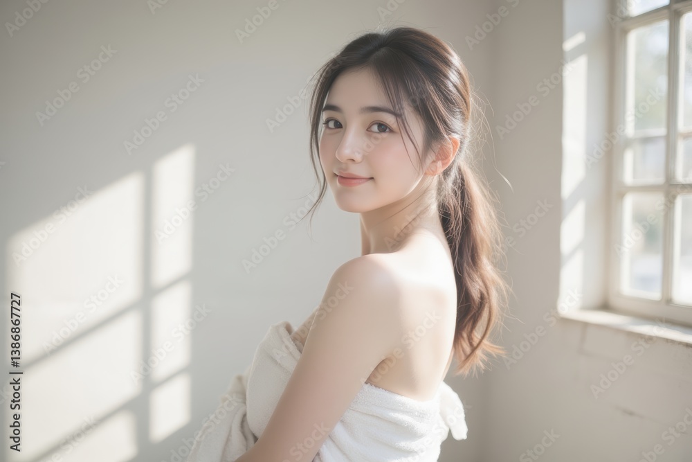 Serene Young Woman Wrapped in White Fabric Looking at Camera in Soft Light by Window Serene Young Woman Wrapped in White Fabric Looking at Camera in Soft Light by Window