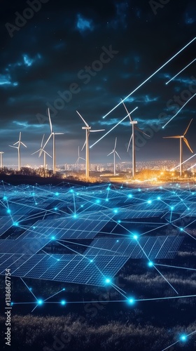 Obraz na płótnie Harnessing Renewable Energy: An artistic representation showcasing a solar farm and wind turbines. w salonie
