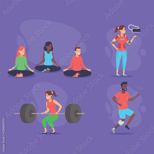 Vibrant collection of individuals engaged in various fitness activities, including weightlifting, yoga, and running. Diversity and inclusivity in fitness practices concept