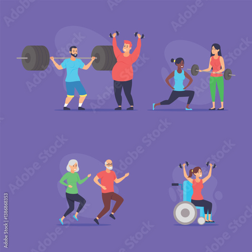 Diverse set of individuals participating in various fitness activities. Different age groups and abilities are highlighted, showcasing inclusion