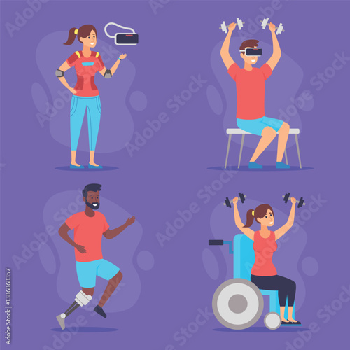 Collection of fitness activities showcasing individuals with different abilities. One using virtual reality, another lifting weights, while others running and exercising in wheelchairs