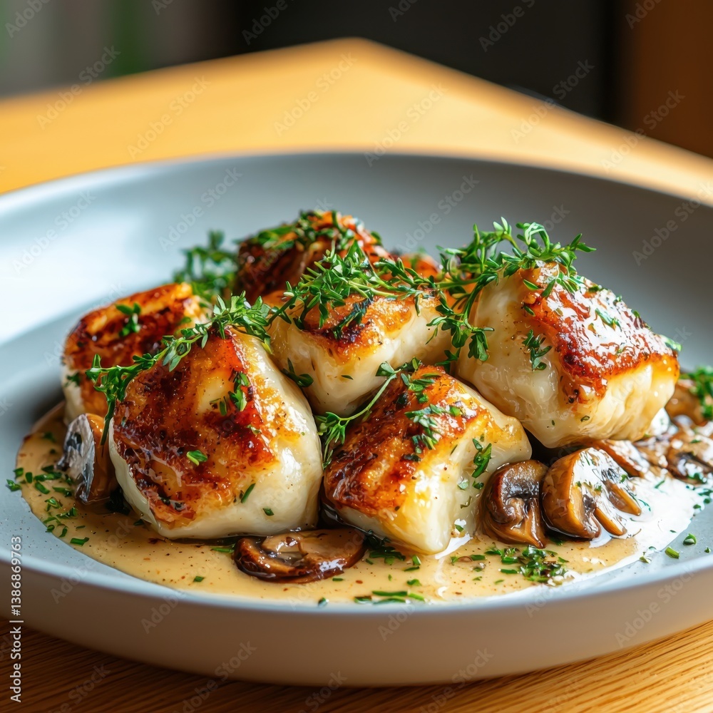 Delicious chicken and mushroom dumplings on a ceramic plate warm light side angle garnished with fresh herbs Delicious chicken and mushroom dumplings on a ceramic plate warm light side angle garnished with fresh herbs