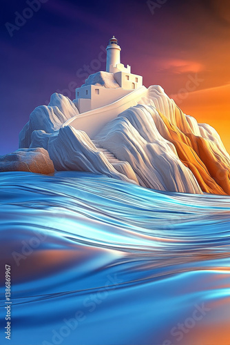 A minimalist 3D graphic of a serene landscape featuring a small island with a lighthouse and crashing waves.