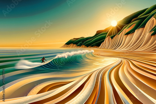 A minimalist 3D Art graphic of a serene landscape featuring an ocean with a surfer riding a wave.