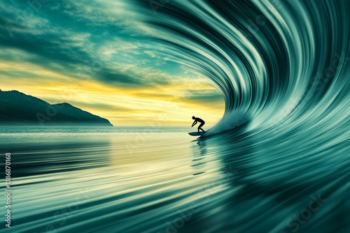 A minimalist 3D Art graphic of a serene landscape featuring an ocean with a surfer riding a wave.