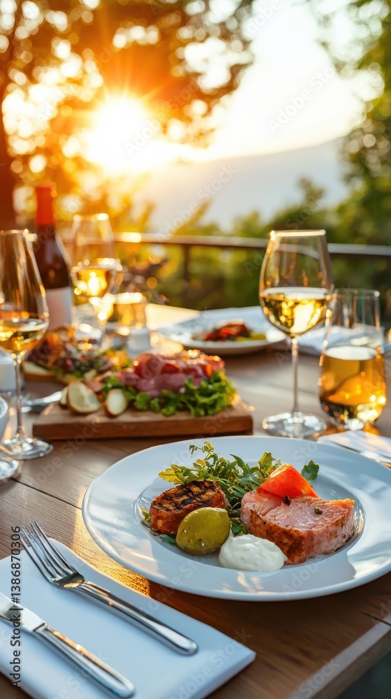 Elegant french cuisine dishes on rustic table at golden hour warm lighting food photography outdoor dining experience Elegant french cuisine dishes on rustic table at golden hour warm lighting food photography outdoor dining experience