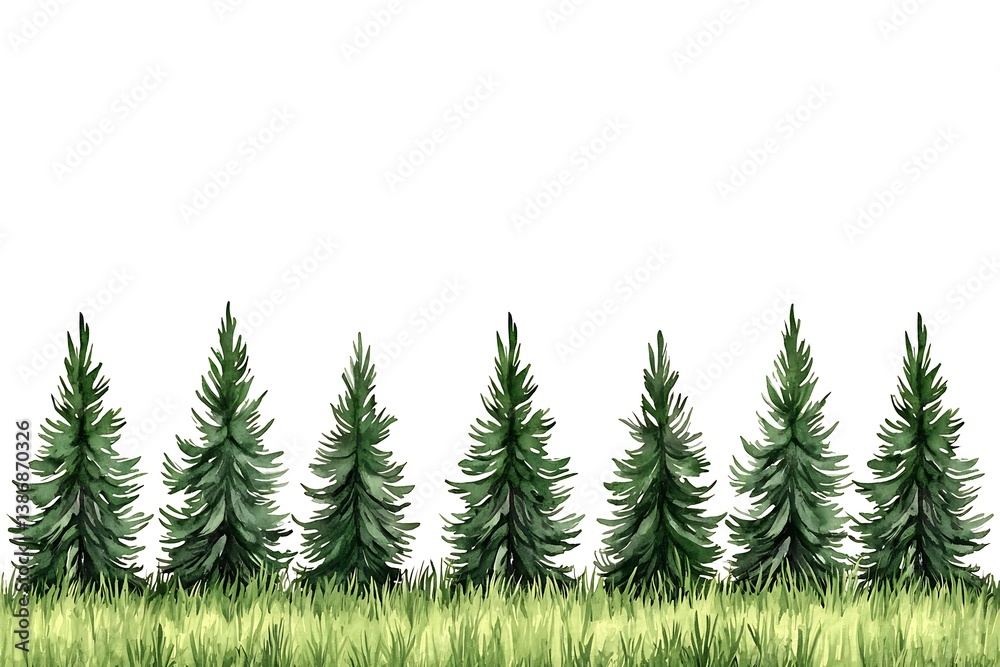 Fototapeta premium Green Pine Trees Against White Background for Design and Art