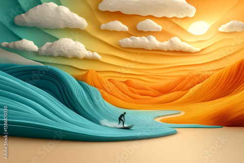 A minimalist 3D Art graphic of a serene landscape featuring an ocean with a surfer riding a wave.