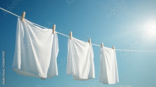 Fresh laundry hanging on a clothesline, white garments fluttering gently in the breeze under a bright blue sky.