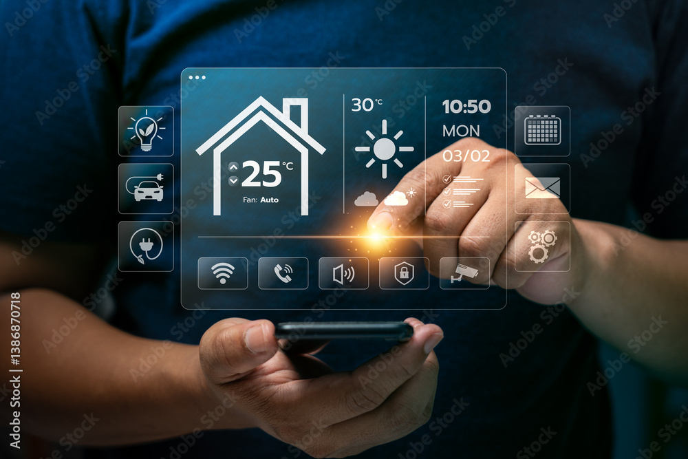 Businessman Using Smart Home Interface on Transparent Screen to Control Temperature, Lighting, and Smart Devices with Innovative Home Automation Technology for Comfort and Energy Efficiency Businessman Using Smart Home Interface on Transparent Screen to Control Temperature, Lighting, and Smart Devices with Innovative Home Automation Technology for Comfort and Energy Efficiency