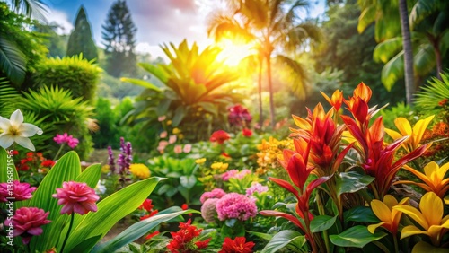 Colorful tropical flowers blooming in a lush garden on a sunny day, nature, blooms,  nature