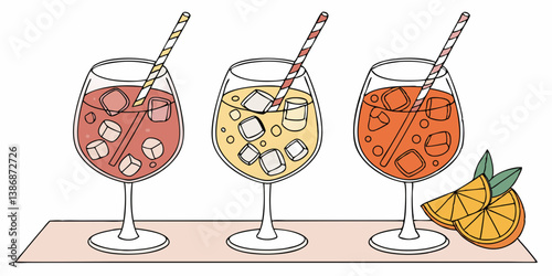 A set of colored alcoholic and non-alcoholic cocktails in glasses with ice ,vector and background.