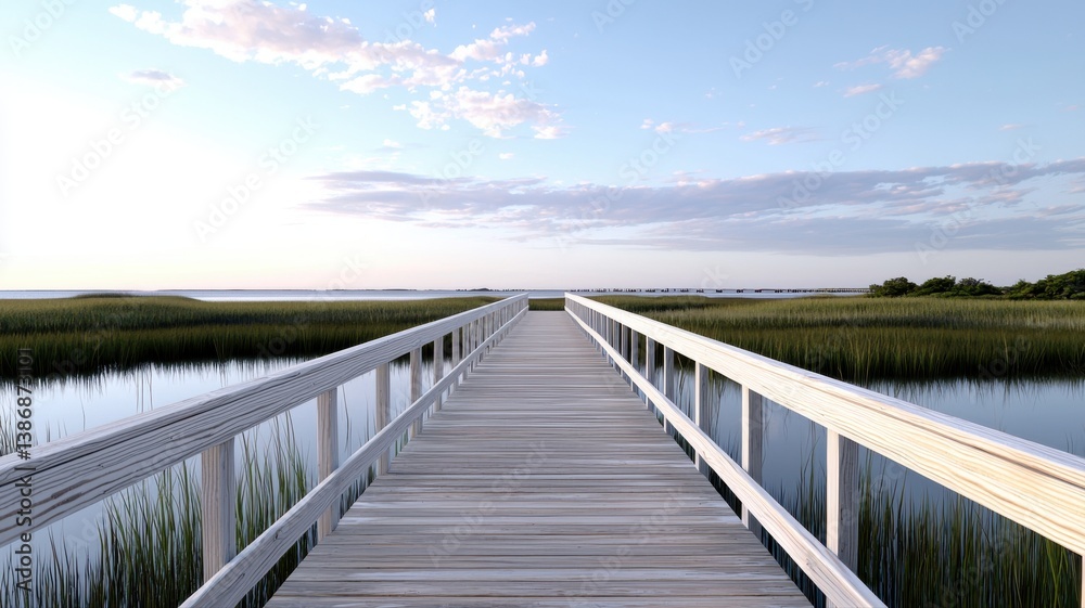 Fototapeta premium Tranquil boardwalk over calm water surrounded by lush grass under a serene sky.