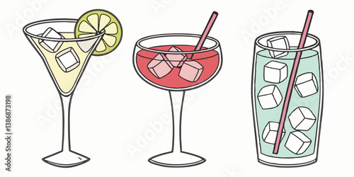 A set of colored alcoholic and non-alcoholic cocktails in glasses with ice ,vector and background.