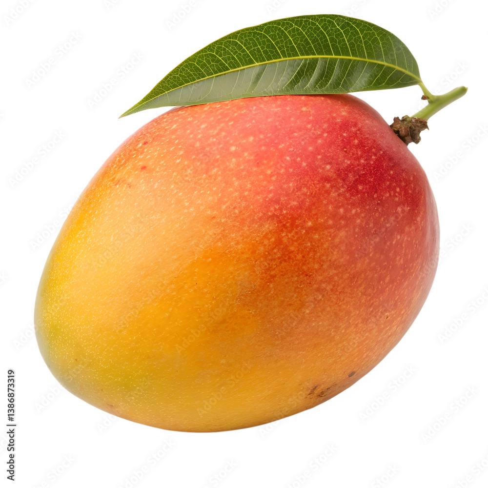 Vibrant Mango with Leaf and Stem Isolated on Transparent Background Vibrant Mango with Leaf and Stem Isolated on Transparent Background