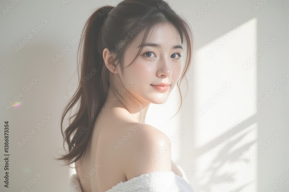 Young Asian Woman with Ponytail in Soft Light: Beauty, Skincare, Natural, Portrait, Lifestyle, Model, Innocence, Clean Beauty Young Asian Woman with Ponytail in Soft Light: Beauty, Skincare, Natural, Portrait, Lifestyle, Model, Innocence, Clean Beauty