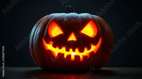Illuminated Jack o  lantern Halloween Pumpkin on Wood