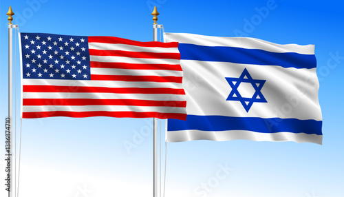 United States vs Israel, waving flags on a sky blue background, vector illustration