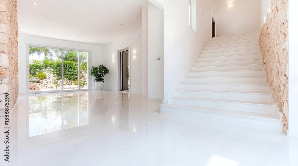 Obraz premium A bright, white interior features a modern staircase ascending to the upper level. The polished floor reflects light. A large window reveals a garden view. The style is minimalist and contemporary.