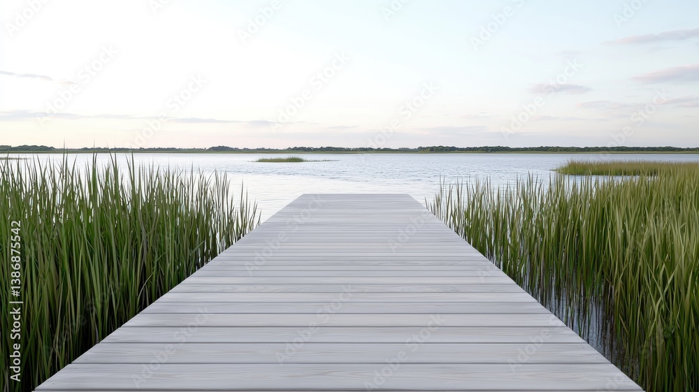 Naklejka premium Tranquil lakeside view with wooden pier extending into calm water, surrounded by reeds under a serene sky.