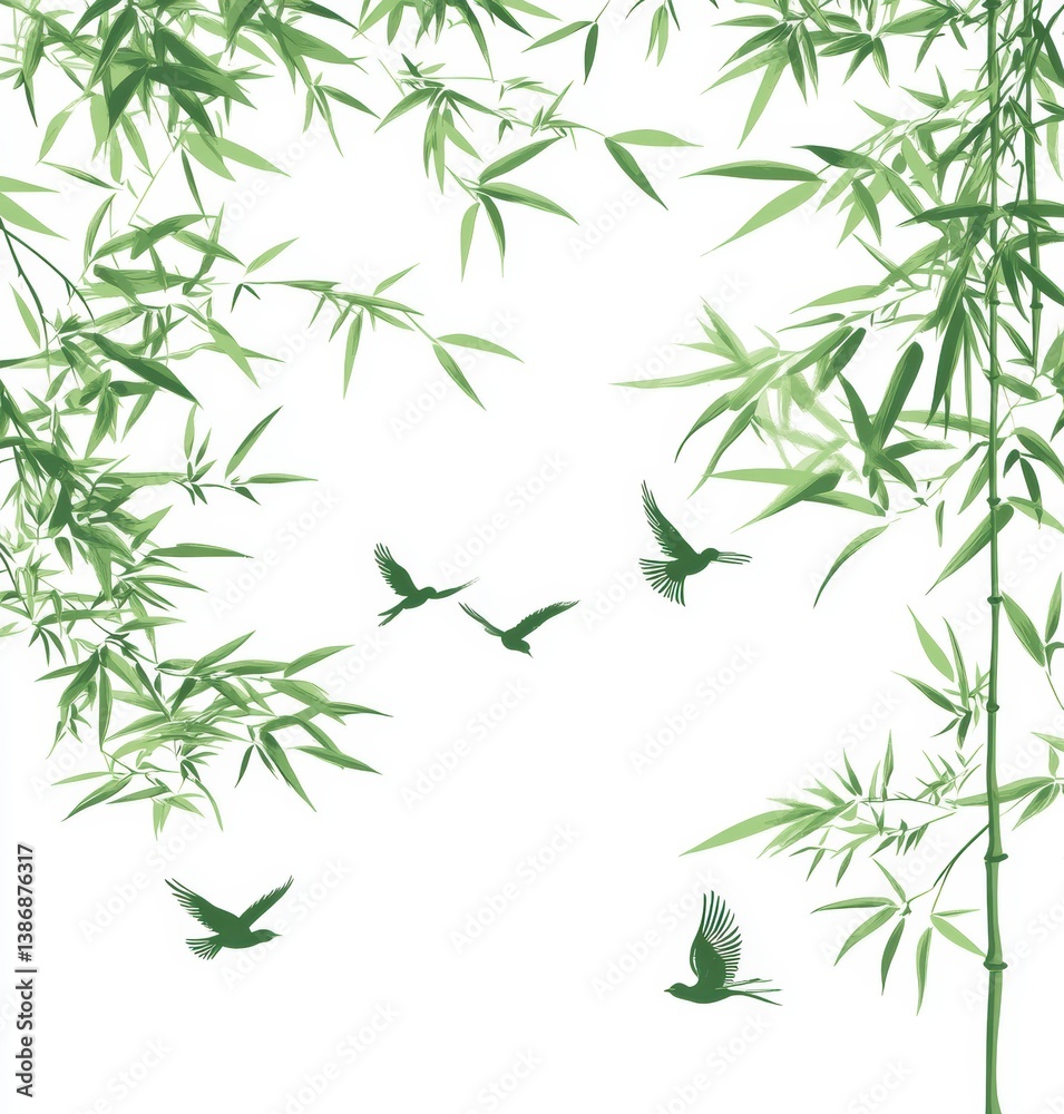 Fototapeta premium Bamboo Tranquility: A serene image of lush green bamboo branches and leaves, complemented by graceful birds in flight, embodies a sense of peace and natural beauty.