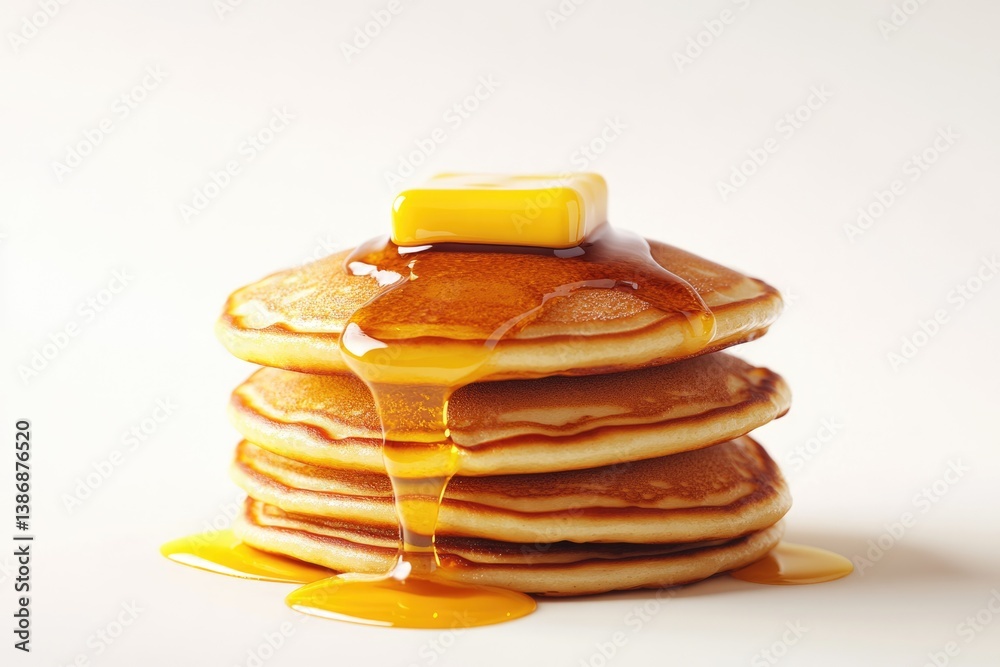 Fototapeta premium A stack of golden pancakes drizzled with maple syrup and topped with a pat of butter.