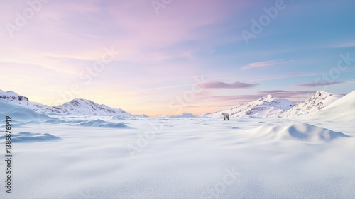 Tranquil snowy landscape under pastel sky with distant mountain view at dawn in serene winter scene.