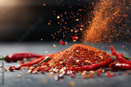 Vibrant chili powders and spicy blends on slate surface overhead dramatic lighting culinary photography