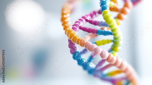 A colorful DNA double helix is depicted. The image shows a close-up view, with a blurred background. The high-resolution image uses bright, vibrant colors. The style is scientifically illustrative y photo