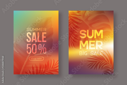 Summer Sale poster design. Best offer promotion cards. Bright red sunset gradient background with tropical leaves. Vector illustration.