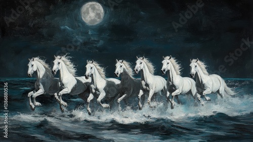Seven Horses: A majestic painting depicts seven pristine white horses galloping through churning waves under a luminous full moon, evoking a sense of freedom and power. 
